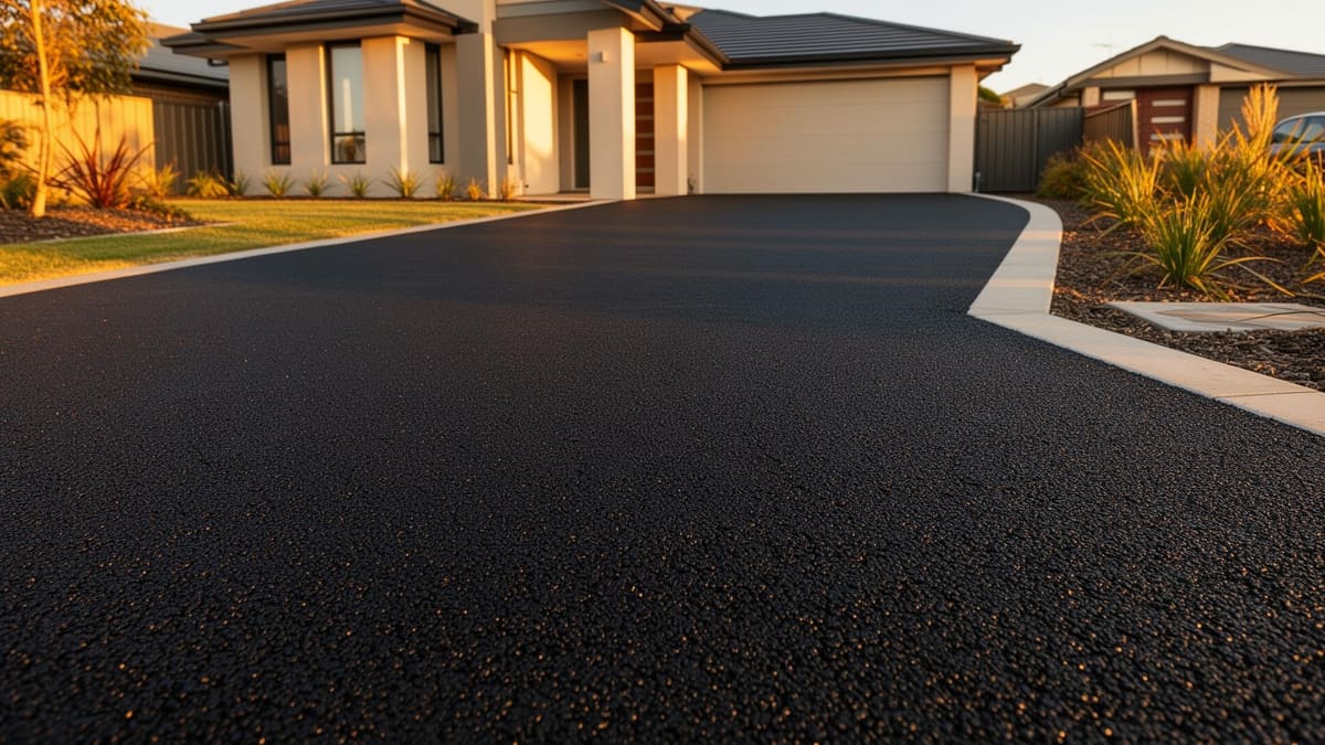 Freshly laid asphalt driveway in front of a modern Australian home