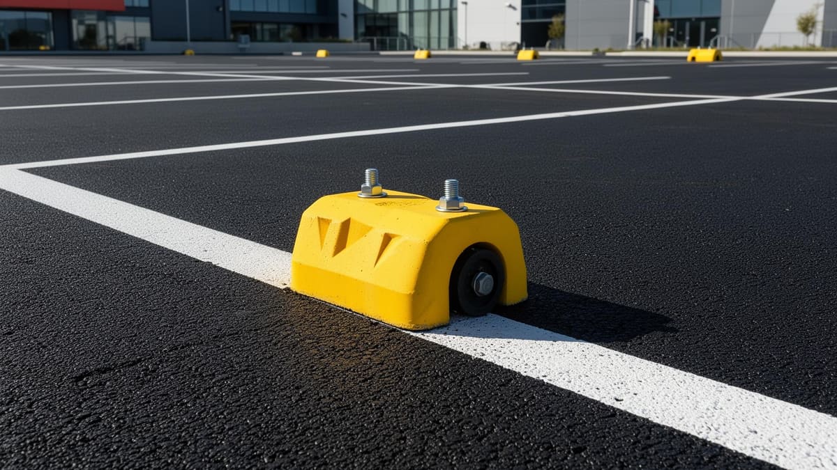 Yellow rubber wheel stop bolted to a freshly marked asphalt car park